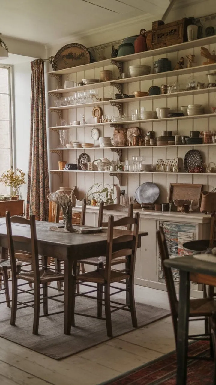 In this charming English cottage dining room, the flickering firelight and fragrant aromas beckon you to indulge in the nostalgic tales held within its rustic wood and eclectic china.