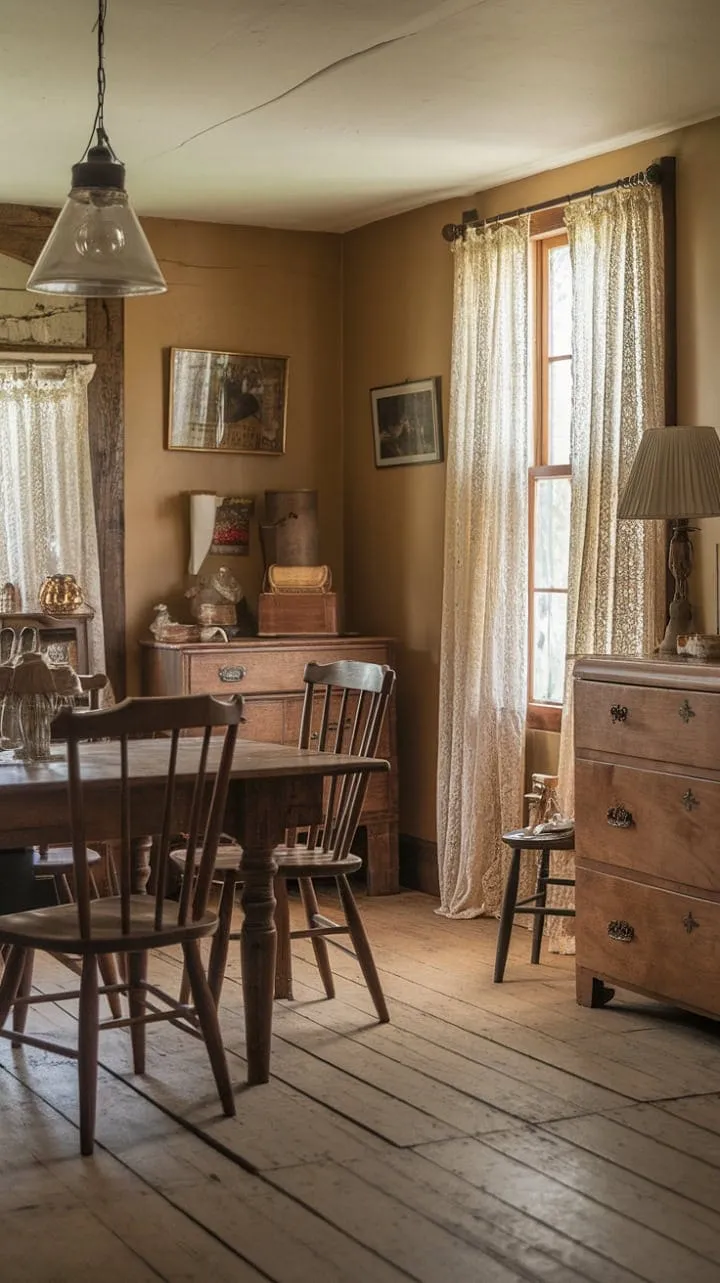 This sunlit English cottage dining room, with its vintage charm, beckons for heartfelt conversations and delightful feasts.