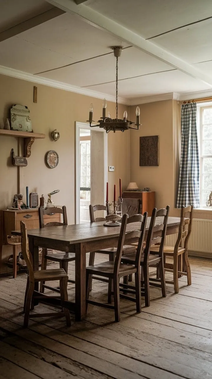 In a charming English cottage, a rustic wooden table beckons you to indulge in cozy moments illuminated by the soft light of a vintage chandelier.