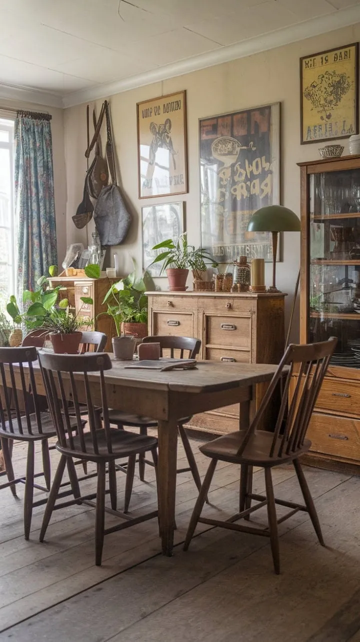 In a sunlit English cottage dining room, aged wood and vintage decor create a warm embrace, inviting the sharing of cherished stories amidst rustic elegance.