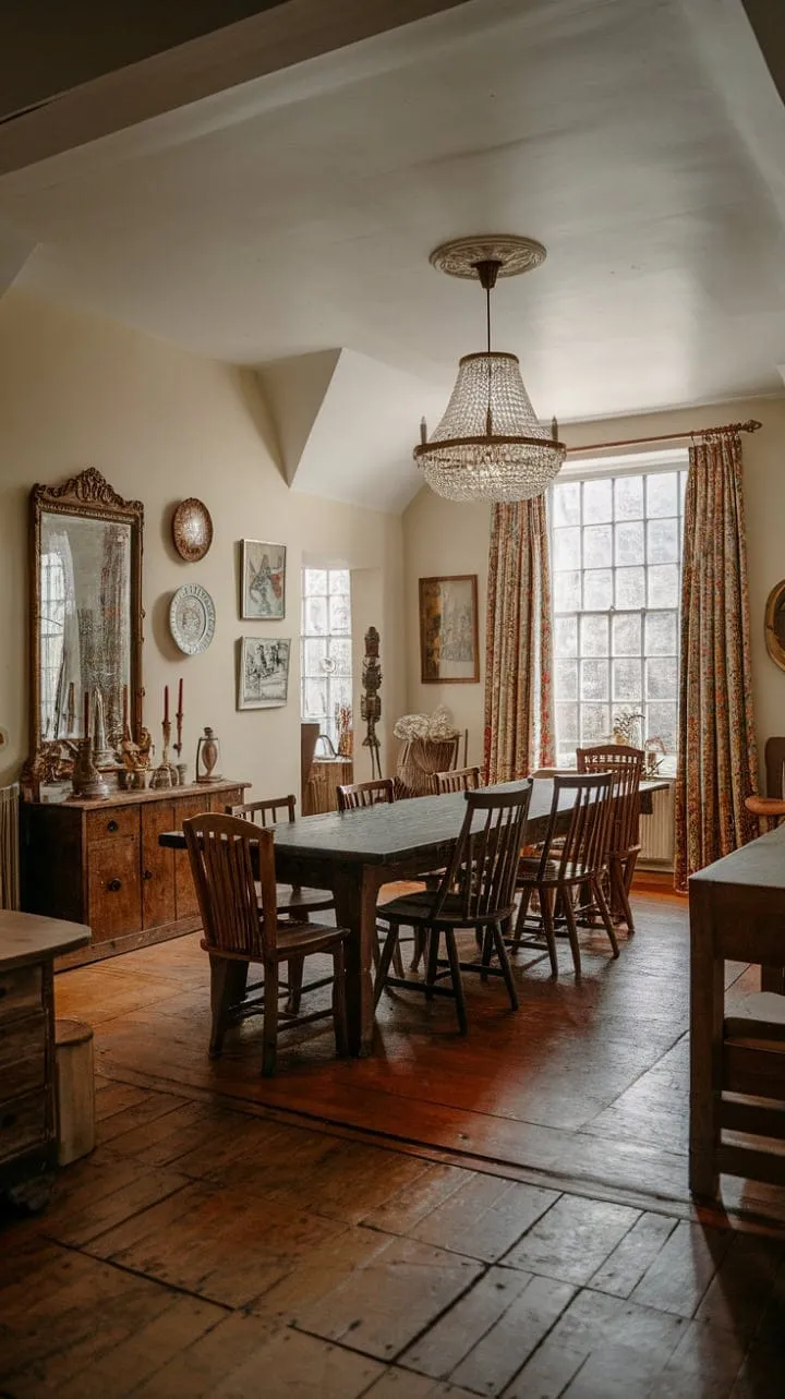 Beneath a dazzling chandelier, a rustic table adorned with cherished heirlooms invites enchanting evenings filled with the whispers of generations past.