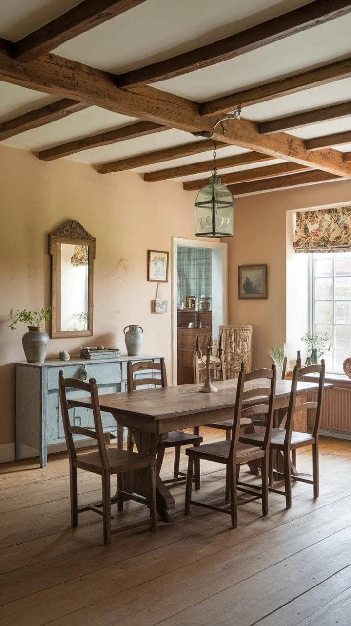 In a charming English cottage dining room, cozy evenings are illuminated by a vintage lantern and filled with the inviting scents of home-cooked meals shared around an aged wooden table.
