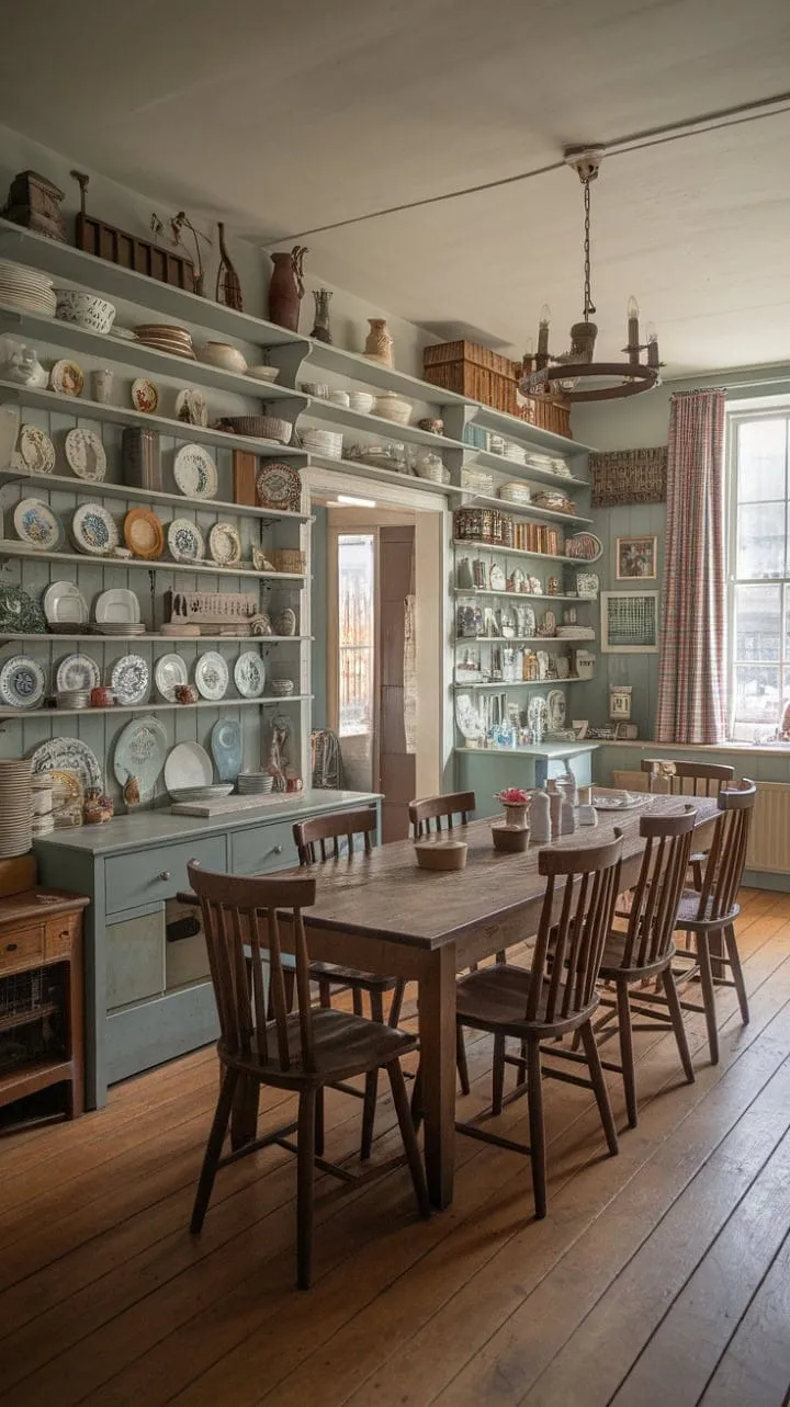 This rustic farmhouse dining room, illuminated by a vintage chandelier, captures the essence of cozy gatherings and the charm of country living.