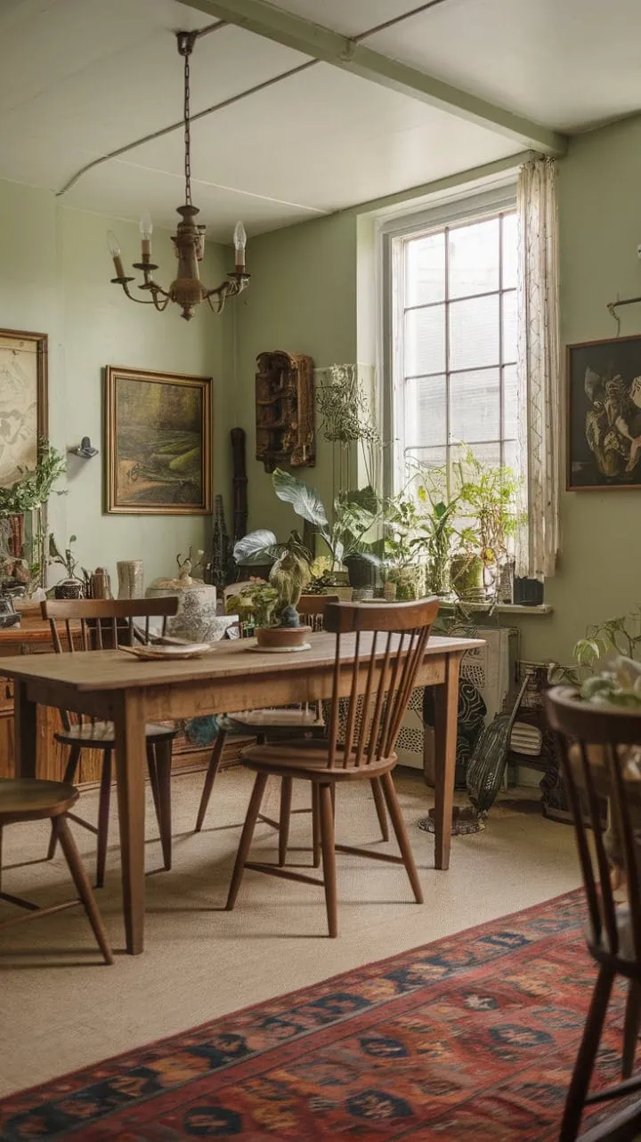 In a charming English cottage dining room, soft green walls and a vintage chandelier create a cozy backdrop for cherished gatherings around a rustic wooden table, where love and simple joys flourish.