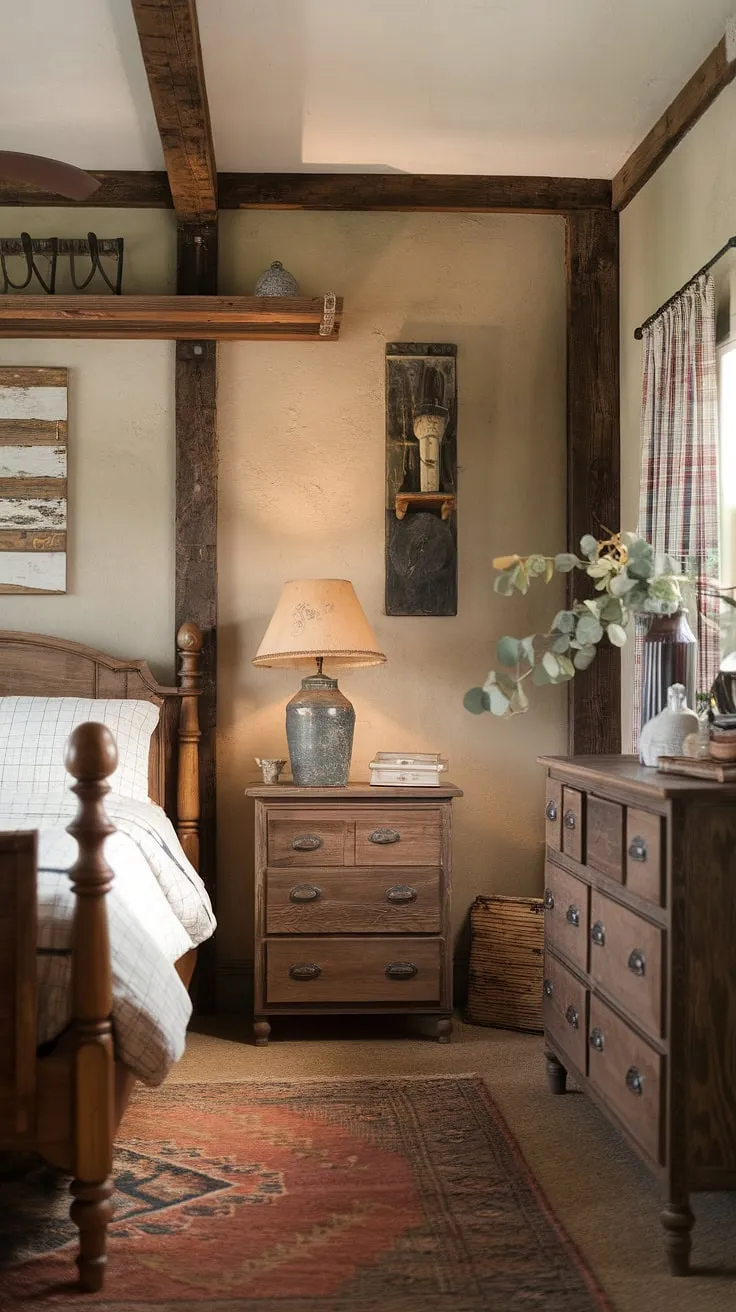 With its beige walls and vintage accents, this rustic bedroom showcases a delightful blend of farmhouse decor and cozy elements for an inviting bedroom refresh.