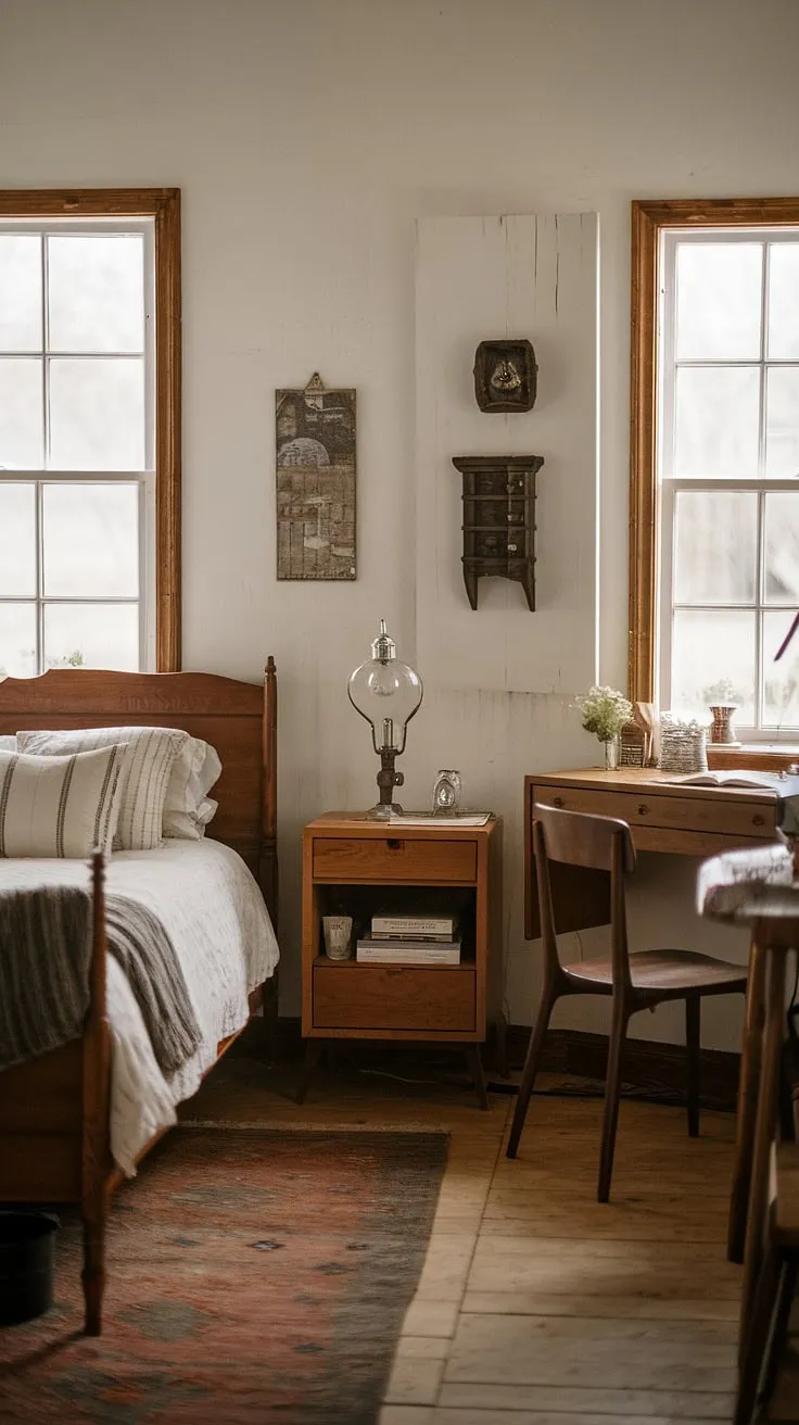 The charming vintage bedroom features wooden furniture and a cozy ambiance, making it an ideal choice for a rustic bedroom refresh.