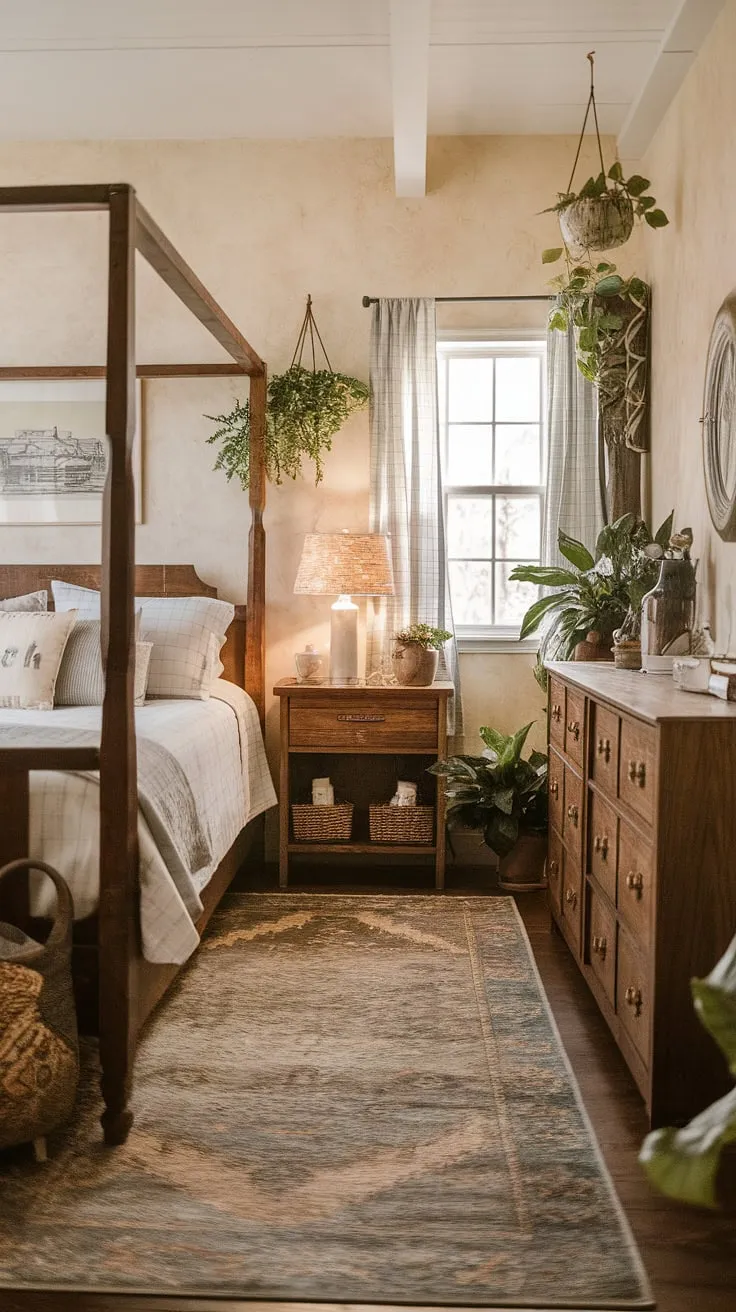 With its light beige walls, decorative rug, and charming plants, this vintage bedroom embodies the essence of a cozy farmhouse decor ideal for a rustic bedroom refresh.