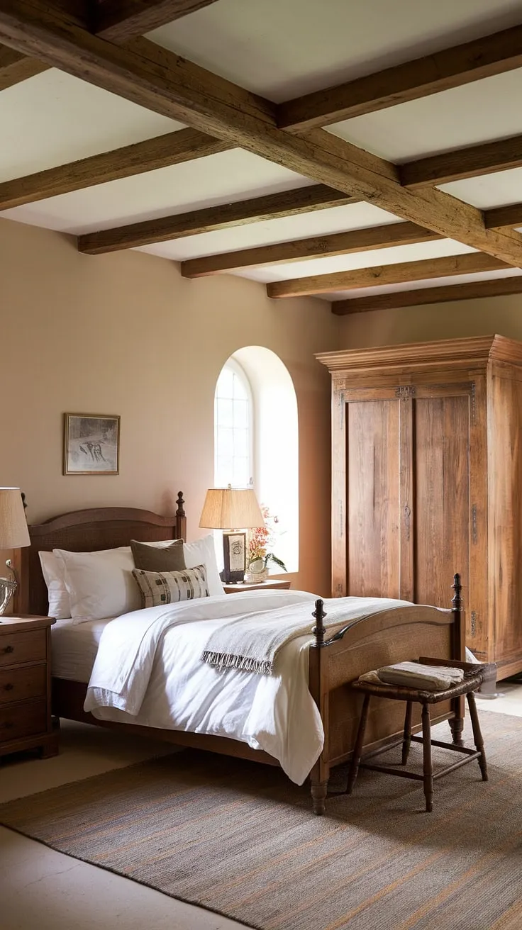 This vintage farmhouse bedroom showcases rustic decor with a cozy atmosphere, featuring wooden furniture, a queen-size bed, and charming country style elements for a perfect bedroom refresh.