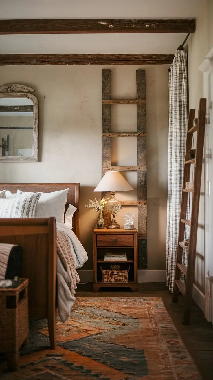 This vintage farmhouse bedroom showcases rustic decor with wooden furniture, a cozy blanket, and soft lighting, creating a perfect country style retreat for a refreshing master bedroom vibe.