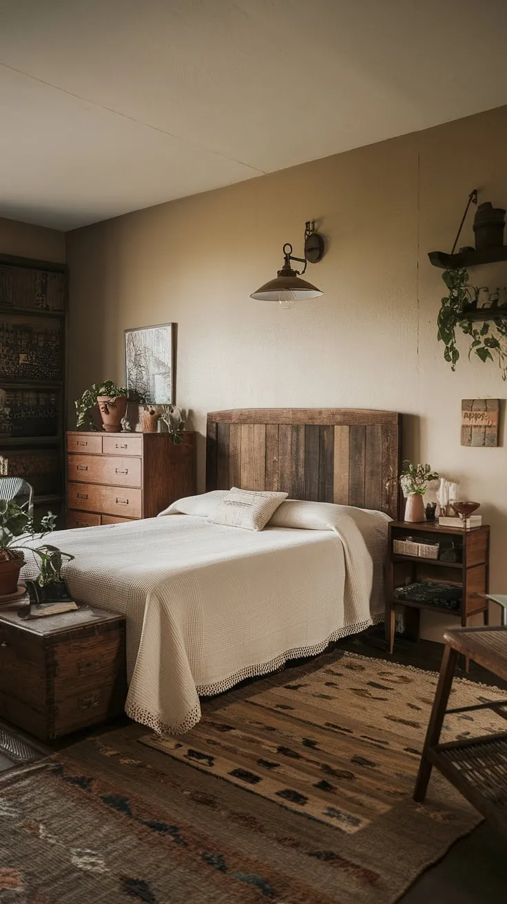 Transform your master bedroom into a cozy vintage farmhouse retreat with rustic decor, featuring wooden furniture, a queen-size bed, and charming country style accents.