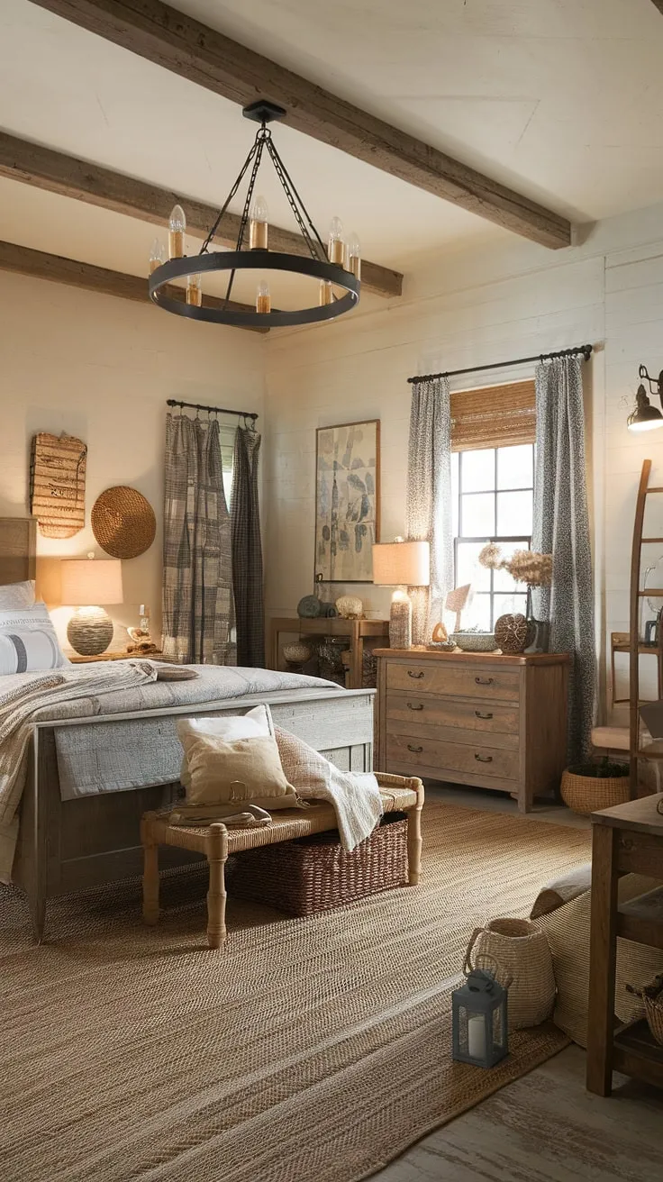 This vintage farmhouse bedroom features rustic wooden furniture and cozy country style decor, creating a perfect atmosphere for a refreshing master bedroom retreat.
