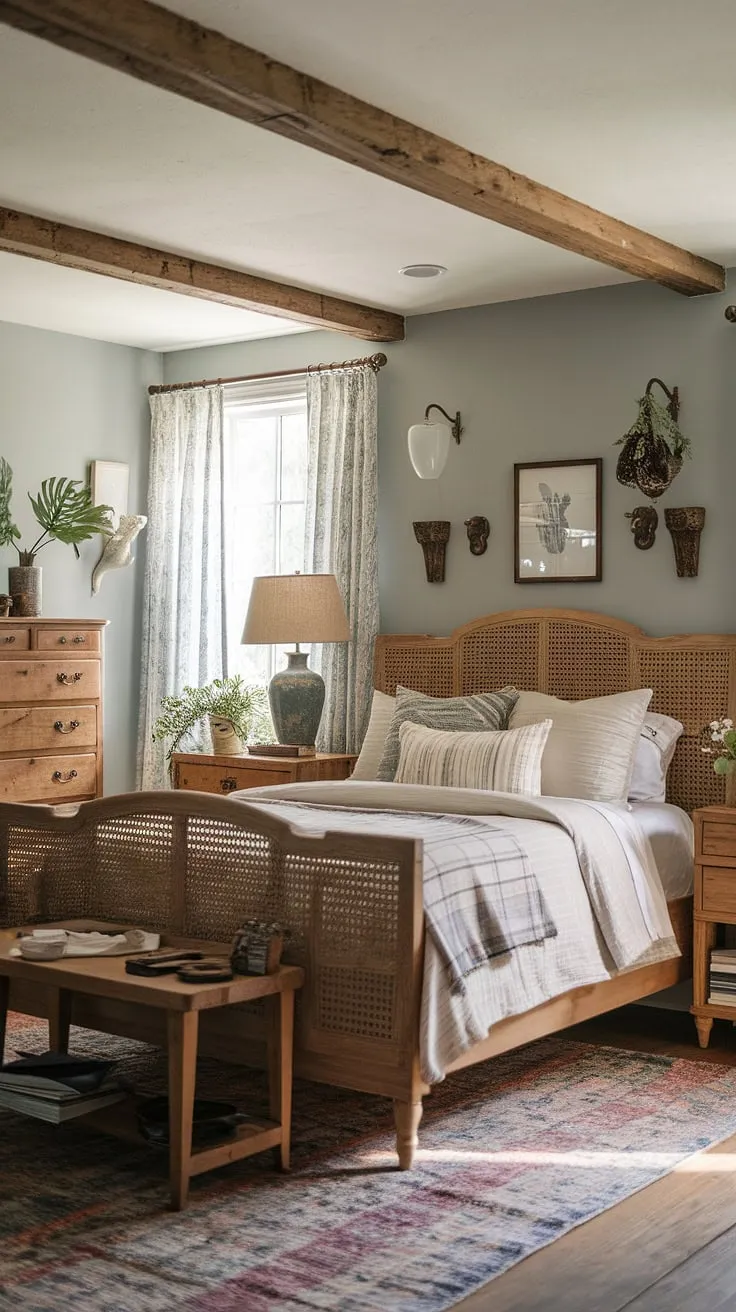 The cozy vintage bedroom features rustic wooden furniture and charming farmhouse decor, creating a refreshing atmosphere ideal for a country style master bedroom.