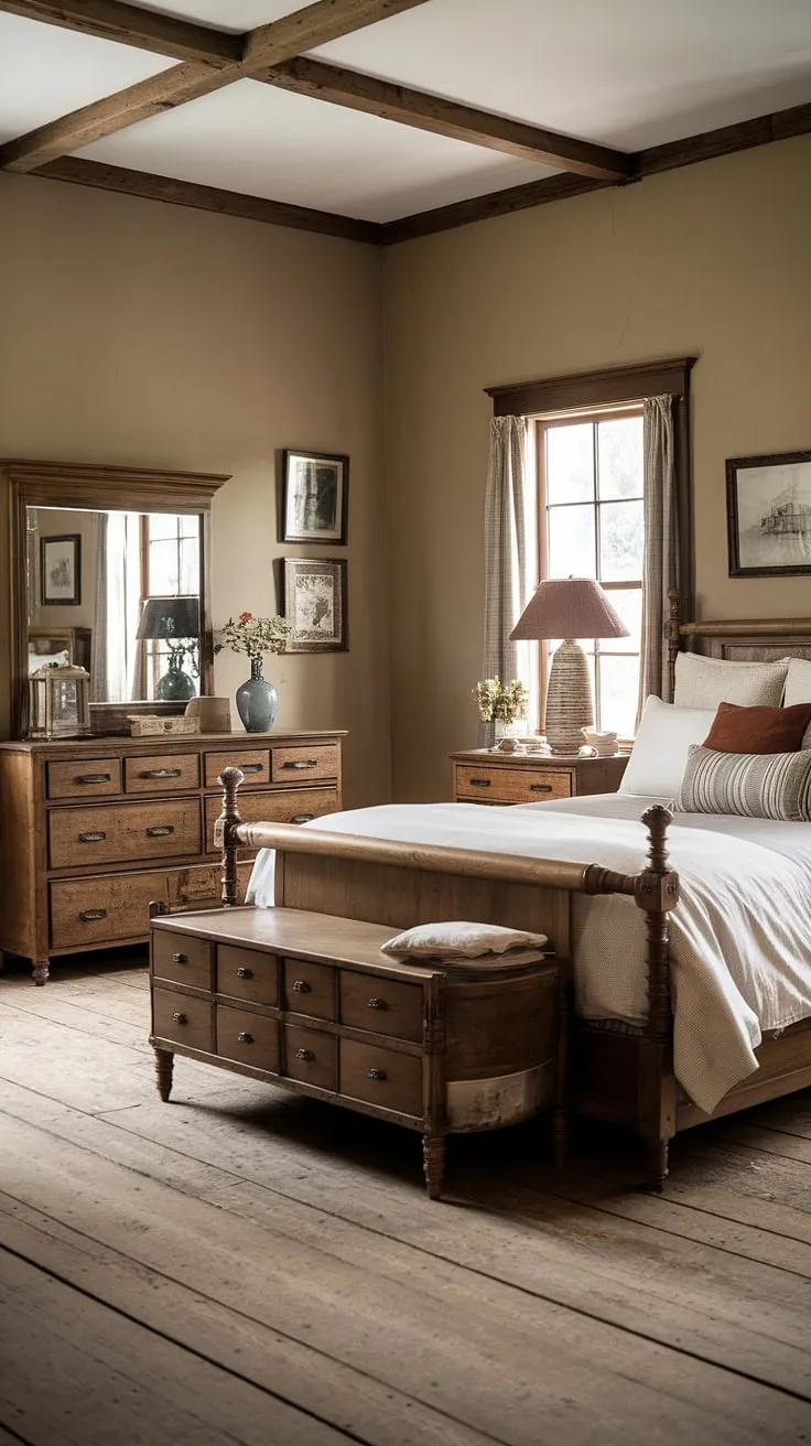 This vintage farmhouse bedroom features rustic wooden furniture and cozy decor, creating a charming country style master bedroom perfect for a refreshing retreat.
