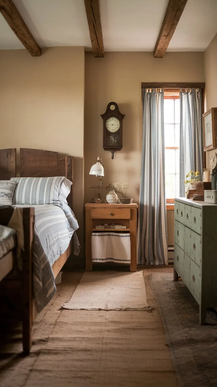 With its soft beige walls, blue and white striped bedding, and charming vintage accents, this rustic bedroom embodies the essence of farmhouse decor for a delightful country style bedroom.