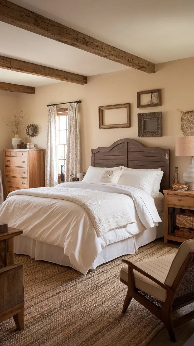 With its inviting atmosphere and country style, this vintage bedroom showcases beautiful farmhouse decor and a cozy vibe ideal for any bedroom decor enthusiast.