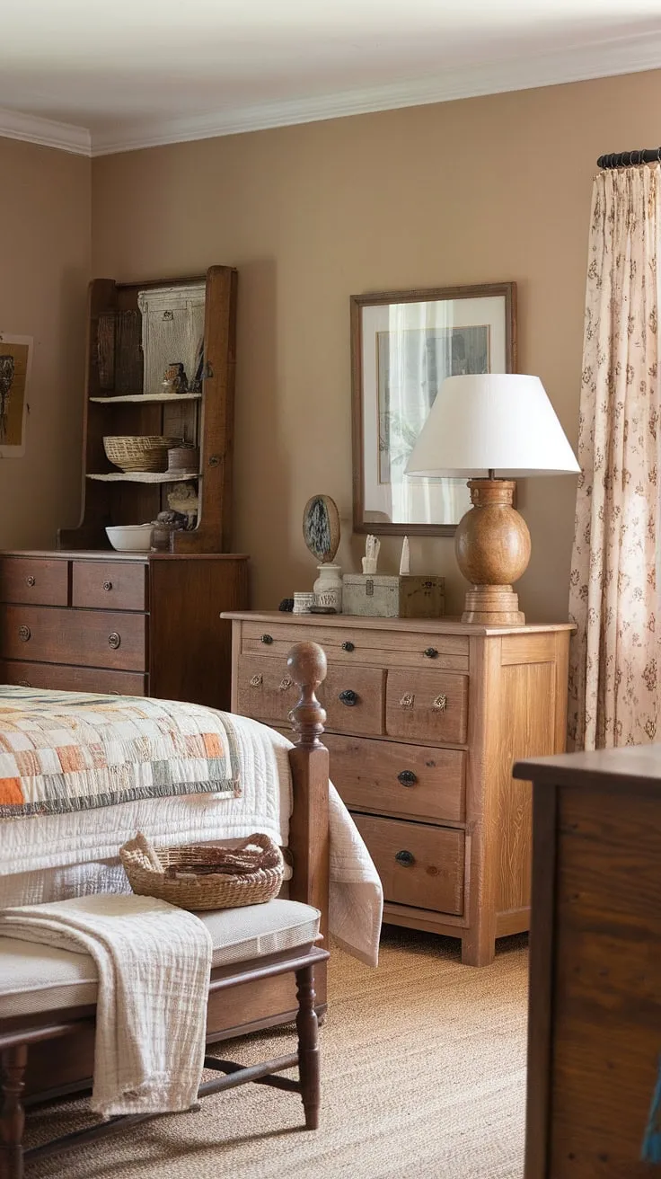 This vintage farmhouse bedroom showcases rustic charm with cozy wooden furniture and country-style decor, making it the perfect master bedroom for a refreshing bedroom update.