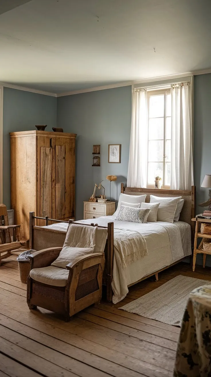 This vintage farmhouse bedroom, adorned with rustic wooden furniture and soft blue walls, offers a cozy country style retreat perfect for a bedroom refresh.