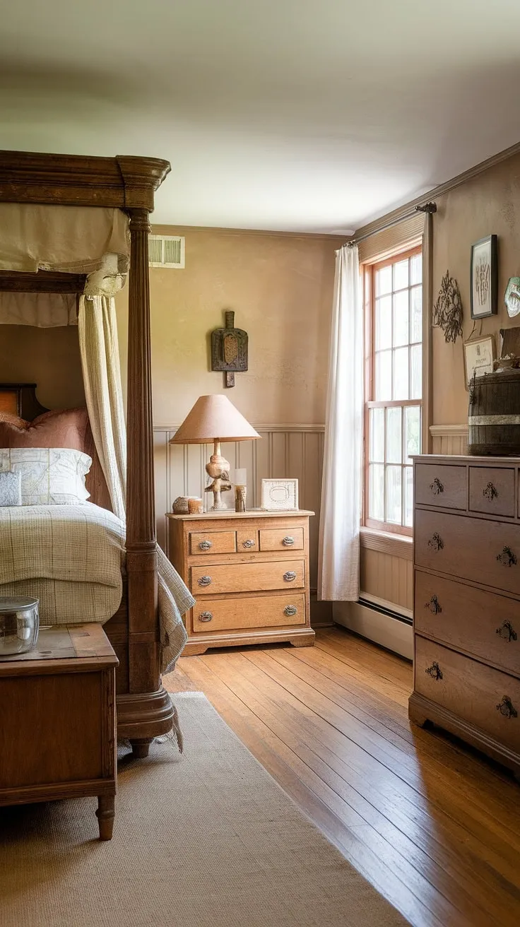With its inviting wooden furniture and vintage accents, this rustic bedroom captures the essence of farmhouse decor, creating a cozy country style bedroom ideal for a refreshing master bedroom makeover.