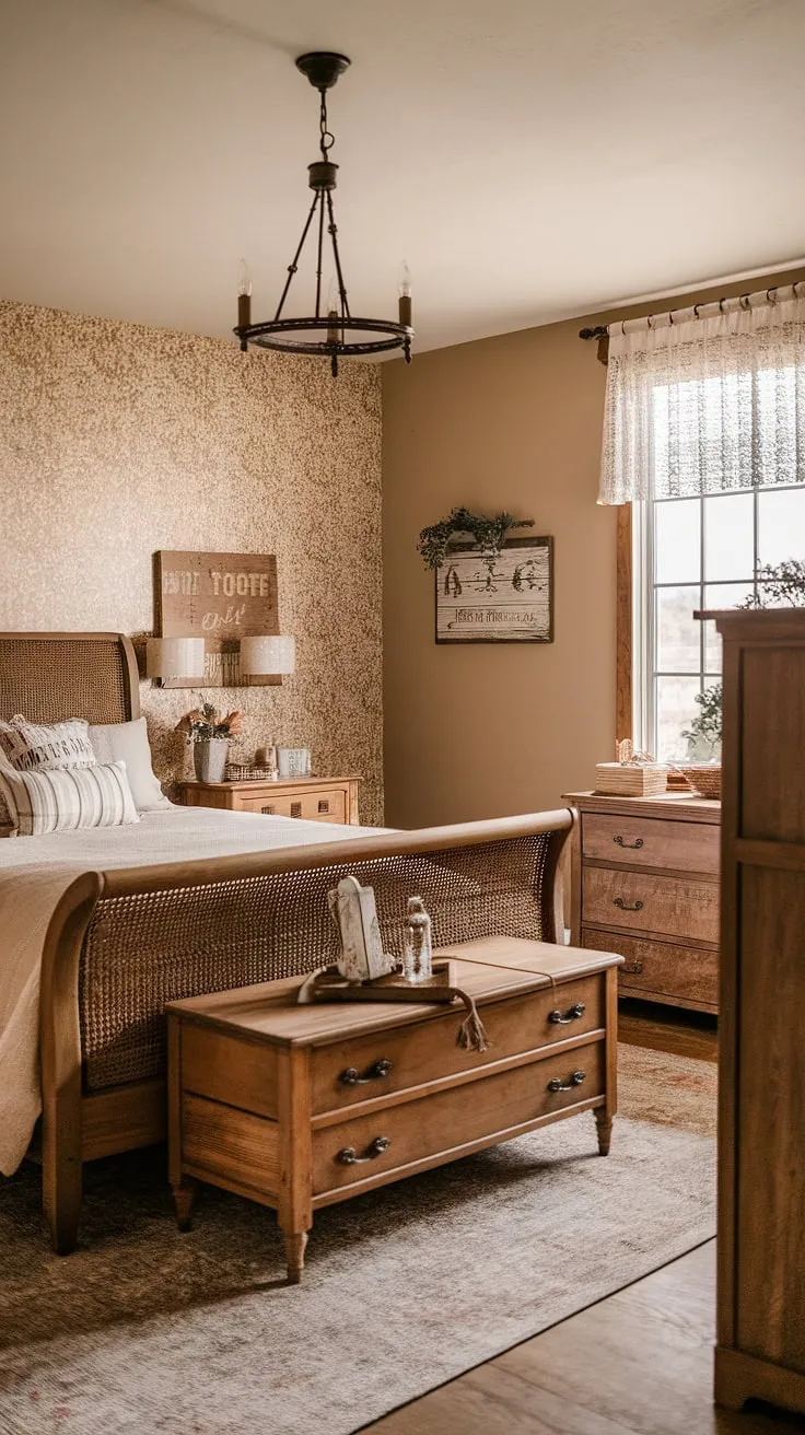 This vintage farmhouse bedroom, adorned with rustic wooden furniture and cozy decor, exudes a warm country style perfect for a refreshing master bedroom retreat.