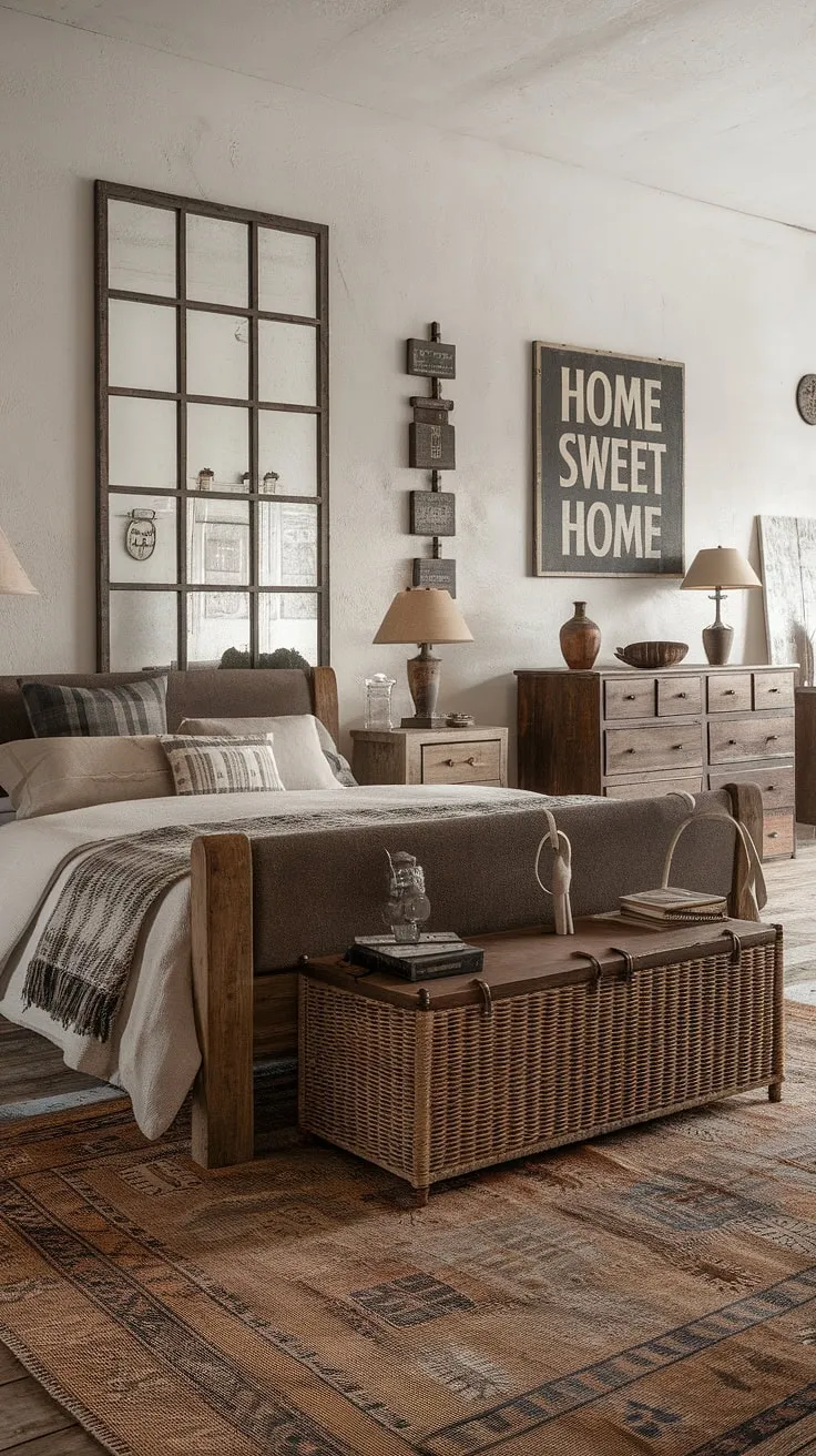 This vintage farmhouse bedroom features rustic wooden furniture, cozy decor, and a country style that creates a refreshing master bedroom retreat.