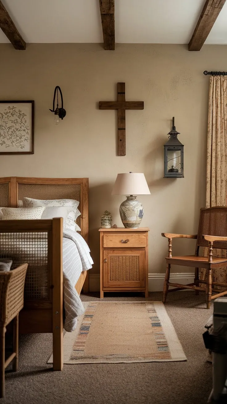 With its beige walls and charming accents, this vintage bedroom captures the essence of farmhouse decor, creating a warm and inviting rustic bedroom retreat.