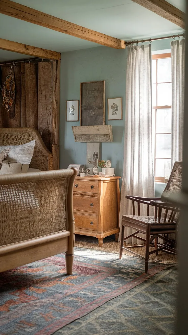 This vintage farmhouse bedroom features rustic decor and wooden furniture, creating a cozy country style retreat perfect for a bedroom refresh.