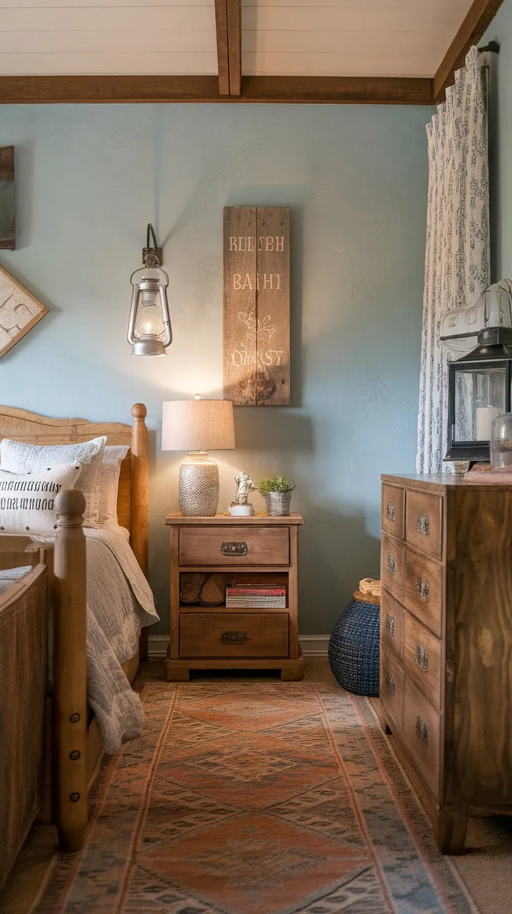 The charming vintage bedroom features wooden furniture and cozy accents, creating a delightful rustic atmosphere ideal for a bedroom refresh.