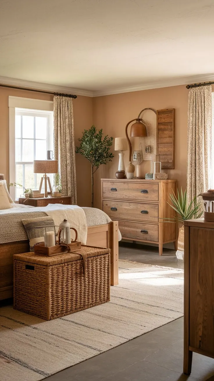 With its charming wooden furniture and soft beige walls, this vintage farmhouse bedroom captures the essence of rustic decor, creating a cozy and inviting space for a delightful bedroom refresh.