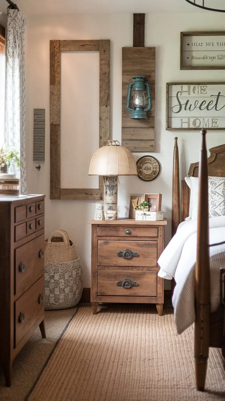 This vintage farmhouse bedroom, featuring rustic wooden furniture and cozy country style decor, is the perfect inspiration for a bedroom refresh.