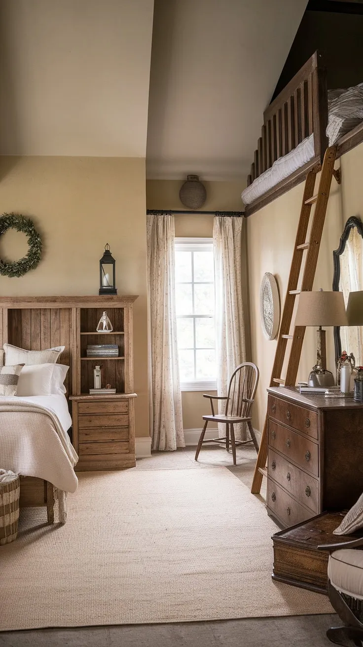 This vintage farmhouse bedroom showcases rustic charm with cozy farmhouse decor, featuring wooden furniture, a vintage dresser, and a loft, perfect for a stylish bedroom refresh.