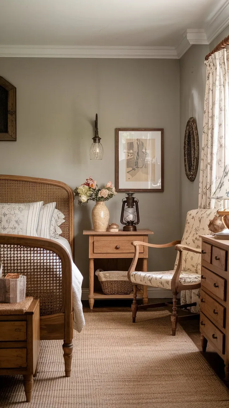 With its woven patterns, vintage lamp, and personal touches, this rustic bedroom captures the essence of farmhouse decor for a delightful bedroom refresh.