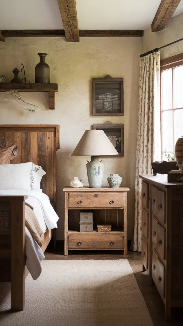 This cozy vintage farmhouse bedroom features rustic decor, wooden furniture, and a warm beige palette, perfect for a stylish bedroom refresh.