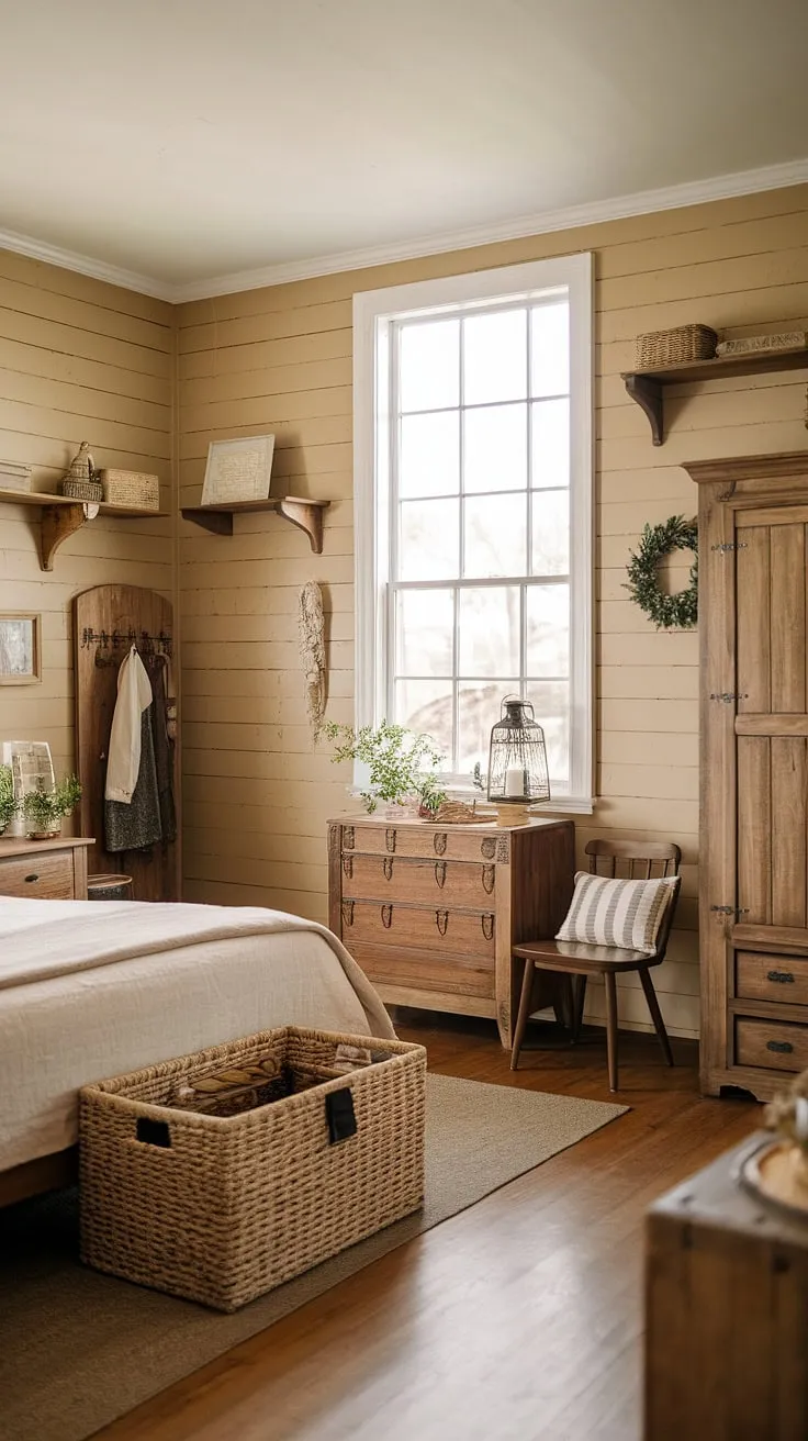 This vintage farmhouse bedroom exudes a cozy atmosphere with rustic wooden furniture and charming decor, making it the perfect master bedroom for a refreshing country style retreat.