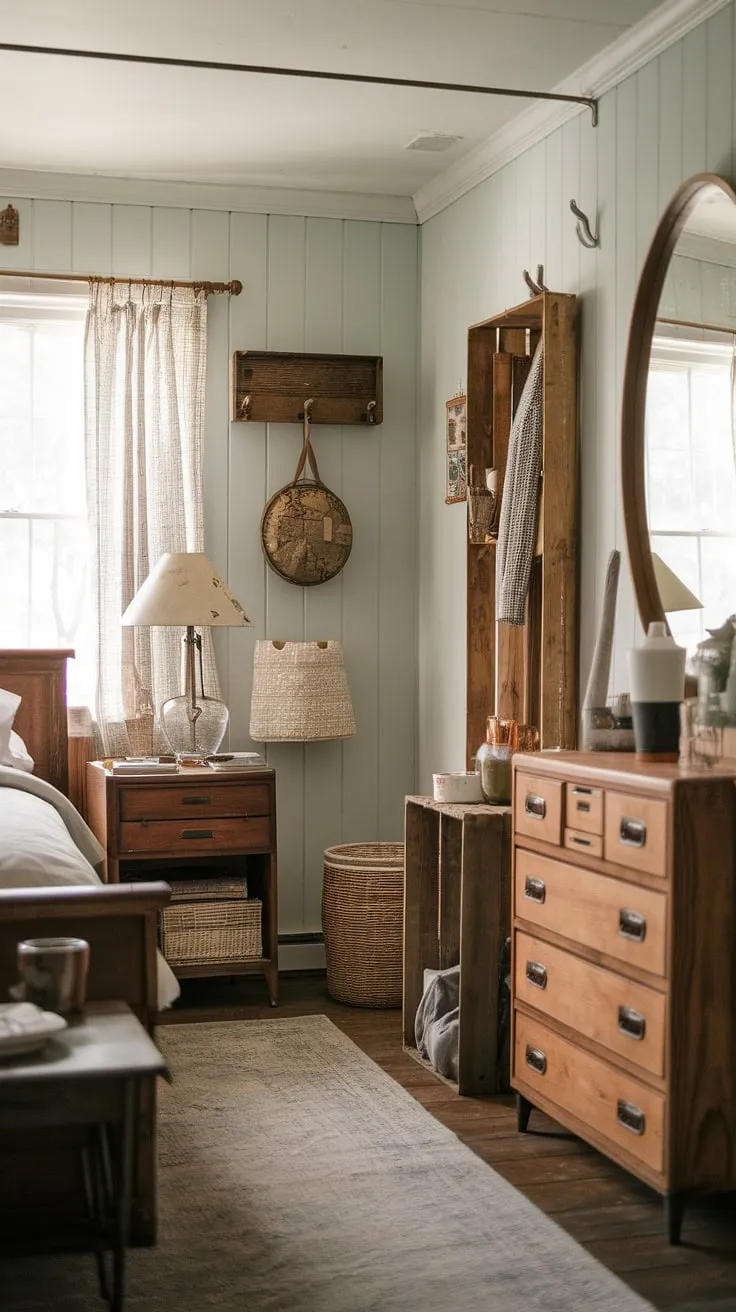 This vintage farmhouse bedroom exudes cozy charm with rustic decor, wooden furniture, and a refreshing country style perfect for a master bedroom makeover.