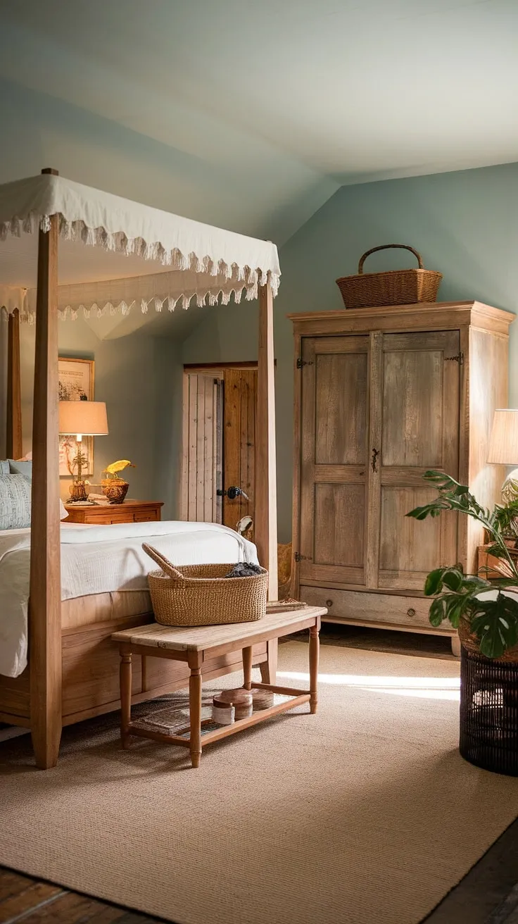 The charming country style bedroom features a four-poster bed, warm lighting, and vintage accents, creating an inviting rustic retreat.