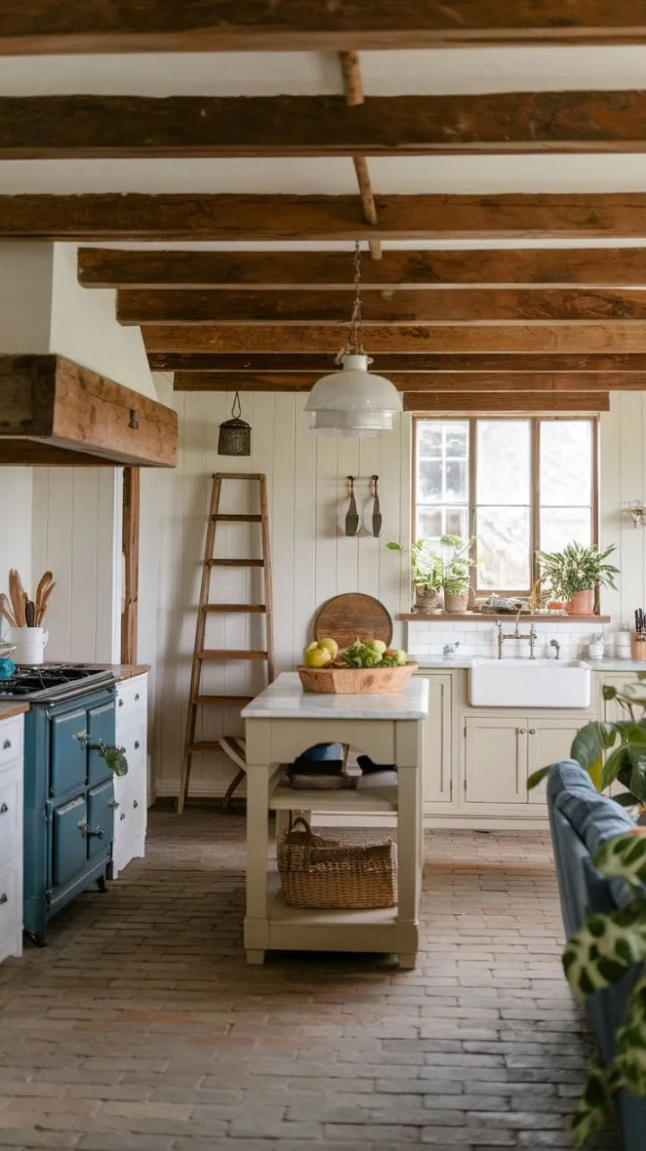 In this farmhouse kitchen, the blend of rustic wood and vintage appliances with modern elegance crafts a nostalgic yet contemporary setting for cherished moments.