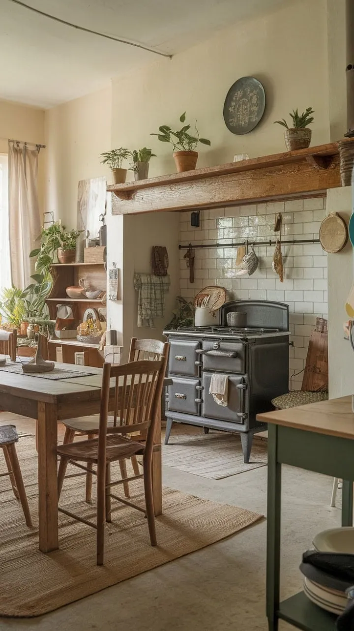 The vintage farmhouse kitchen, with its rustic wooden table and antique stove, whispers tales of warmth and generations gone by.