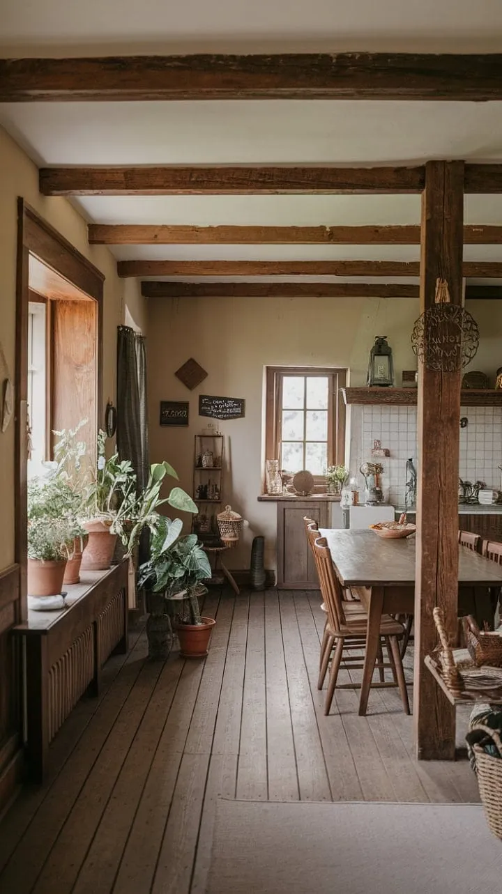 This vintage farmhouse kitchen beautifully blends rustic charm with simple elegance, showcasing aged wood beams and cozy furnishings that honor the warmth of history.