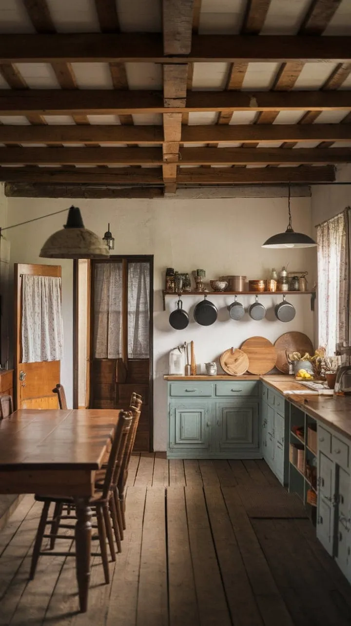 Sunlight floods the rustic farmhouse kitchen, where the aged wood and charming details echo the warmth of cherished memories and generations past.