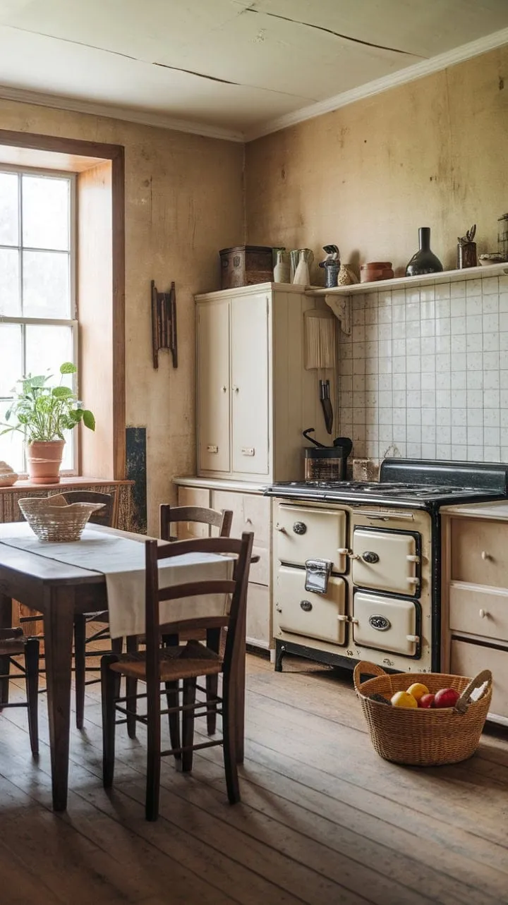 This vintage kitchen, adorned with a warm old stove and charming details, whispers the timeless tales and simple pleasures of generations past.