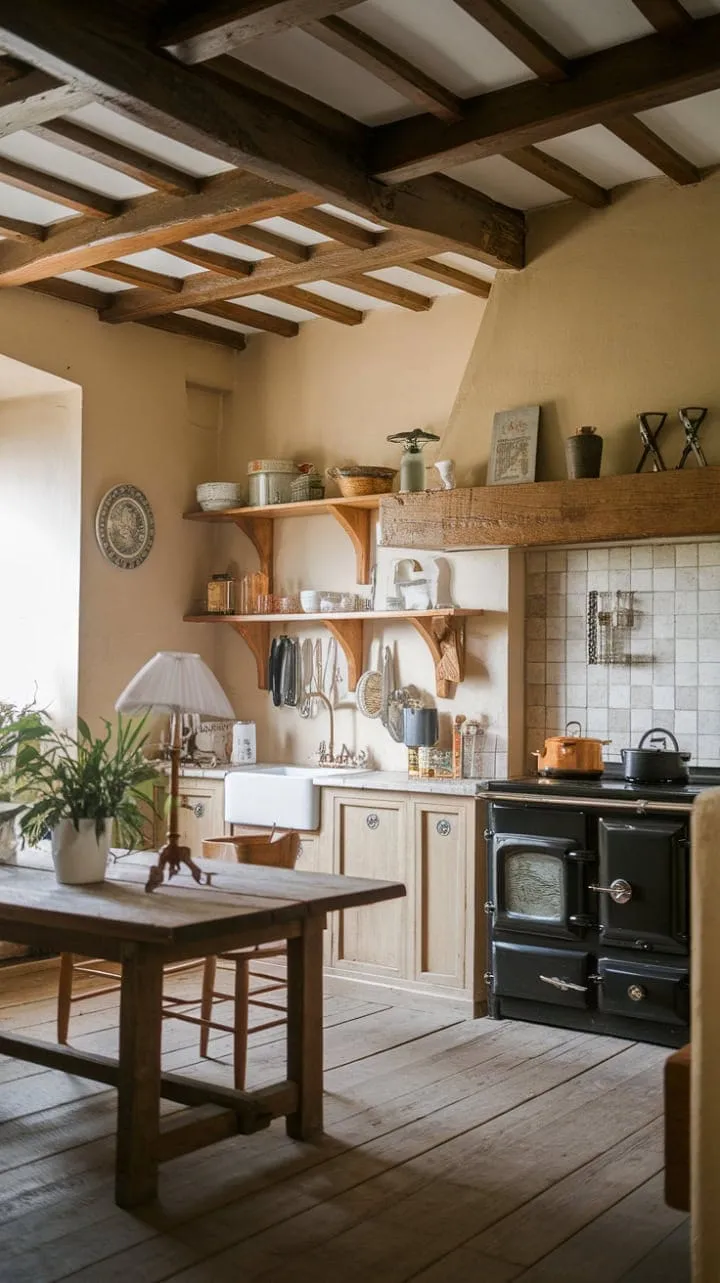 This vintage farmhouse kitchen radiates warmth and nostalgia, with aged wood and antique accents whispering stories of bygone generations.