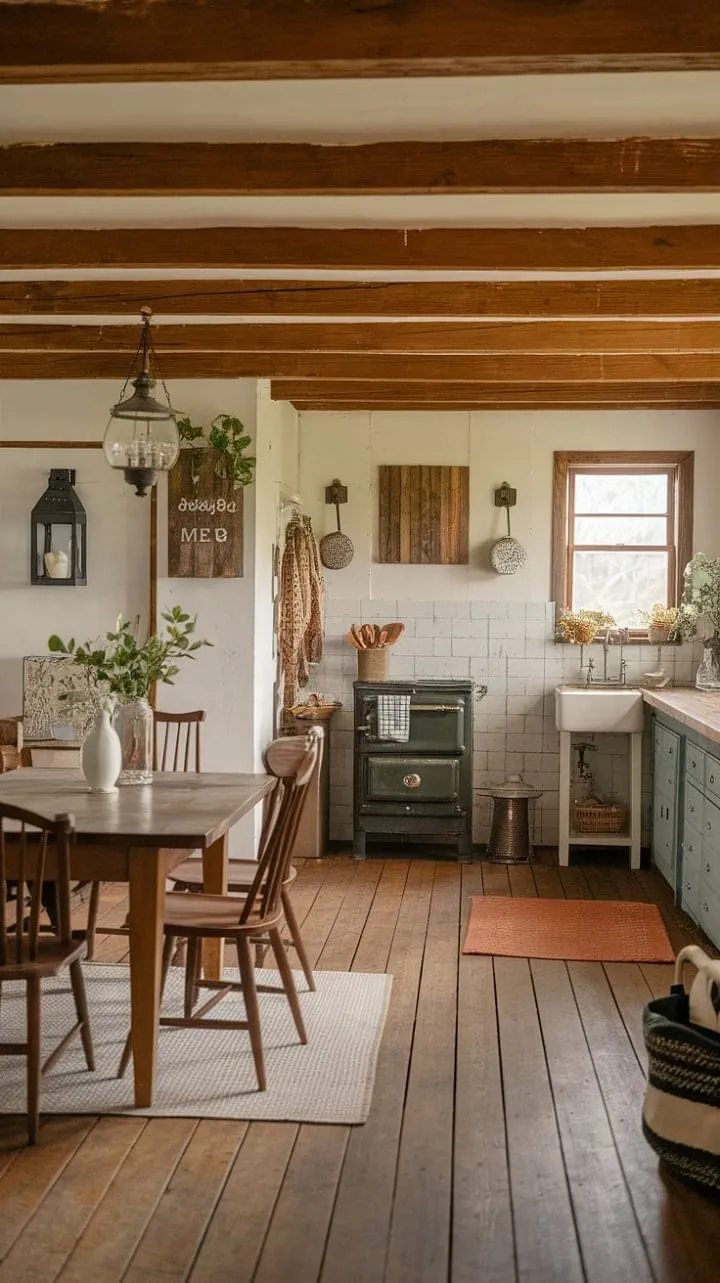 In this vintage farmhouse kitchen, lanterns cast a warm glow while the aroma of home-cooked meals stirs a comforting tapestry of tranquility and nostalgia.