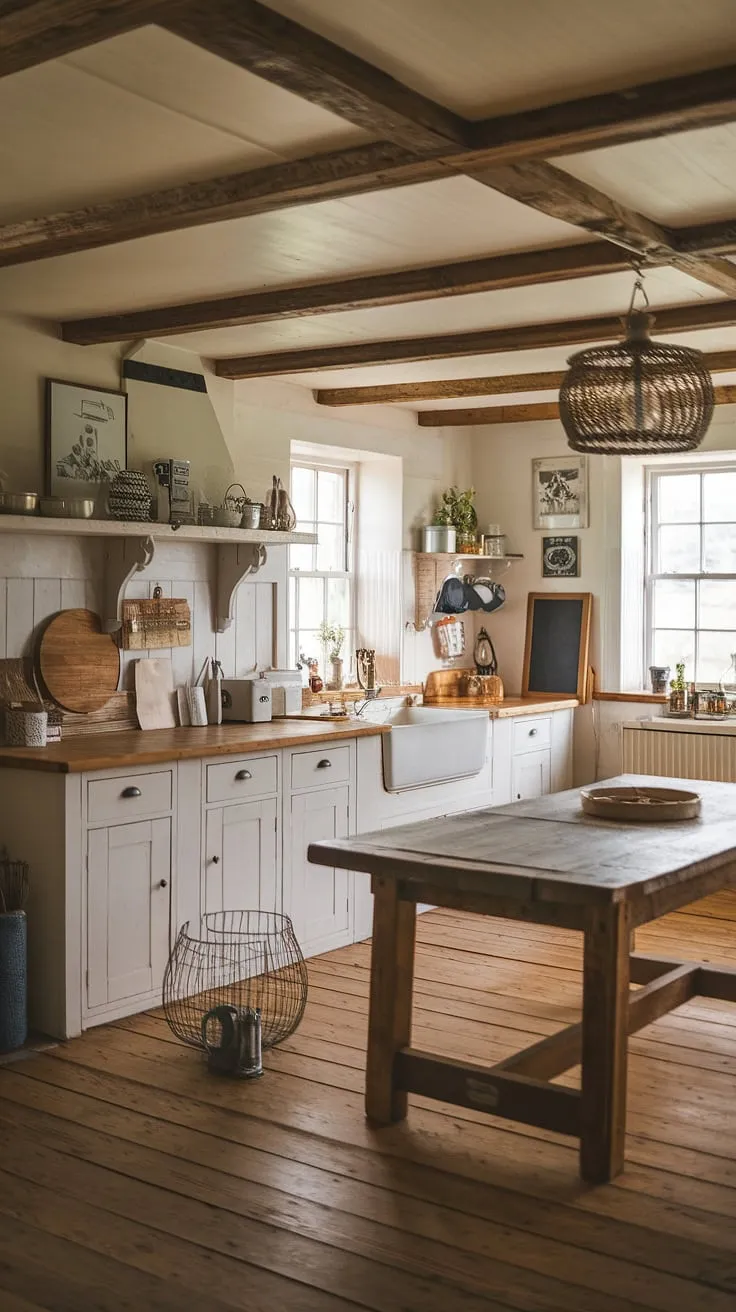 This vintage farmhouse kitchen, with its aged wooden floors and exposed beams, whispers tales of generations past. The simple elegance of the white cabinets and wooden countertops, accented by rustic décor, creates a space that's both inviting and undeniably beautiful.