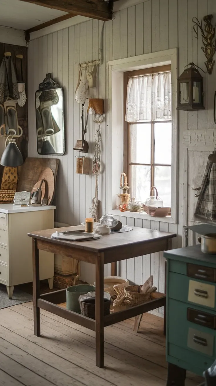 This vintage farmhouse kitchen, with its aged wooden floors and charmingly cluttered walls, is a sanctuary of rustic beauty. A simple wooden table sits at the heart of it all, a gathering place for laughter and conversation. The warm glow of the lantern and the reflection in the old mirror add to the timeless appeal of this beloved space.