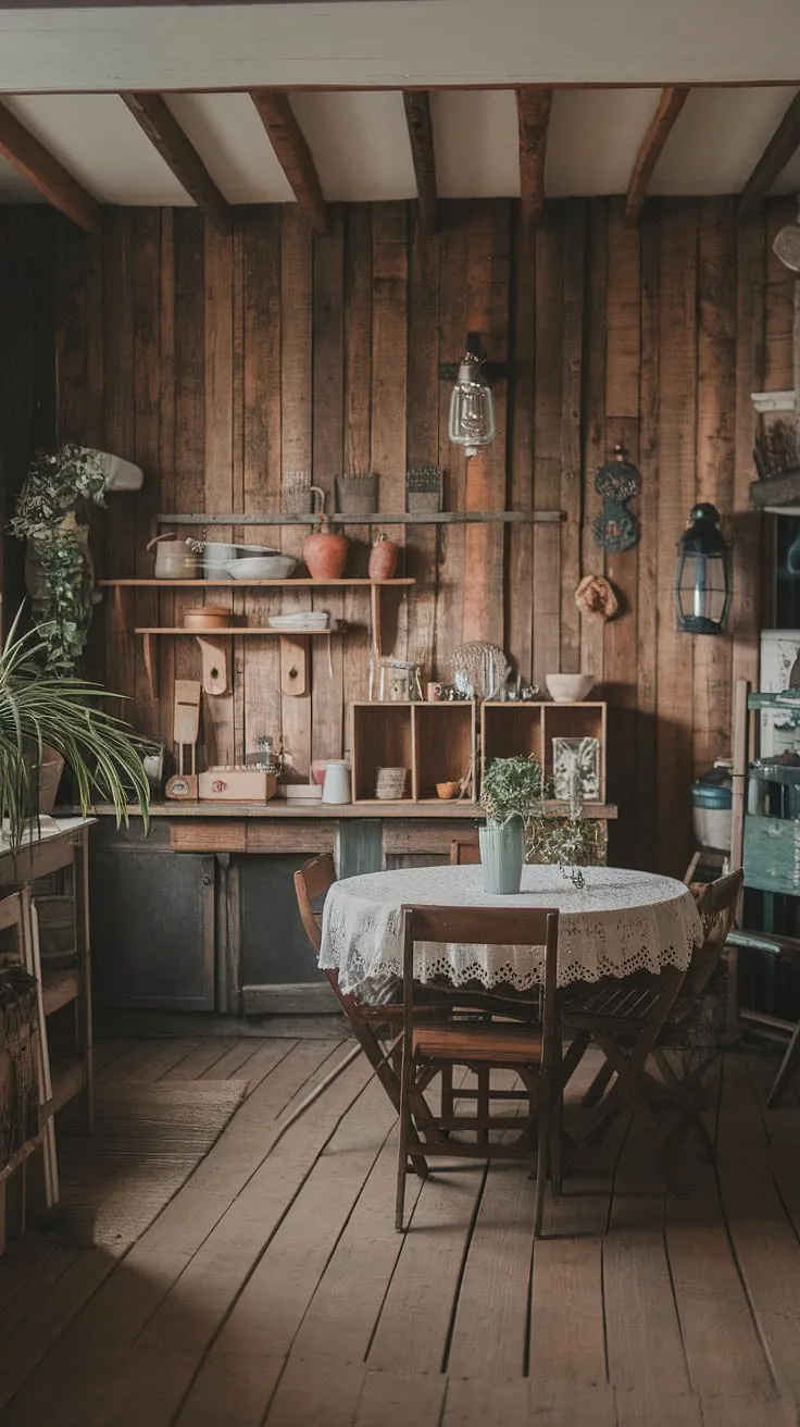 This vintage farmhouse kitchen, with its aged wooden floors and lovingly collected cookware, whispers tales of generations past. The simple elegance of the white tablecloth and the comforting presence of potted plants create a space that feels both lived-in and utterly peaceful.