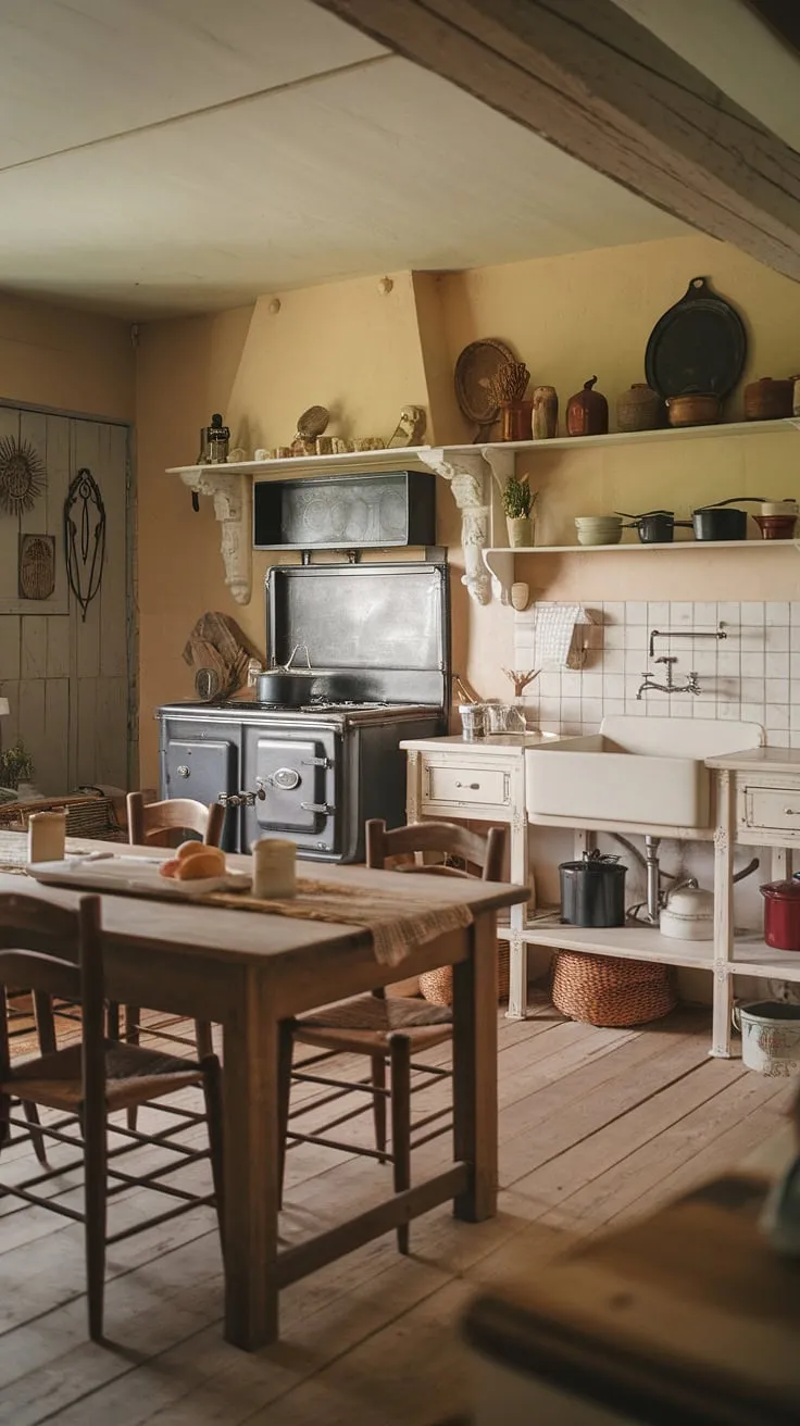Step back in time in this charming vintage farmhouse kitchen. The rustic wooden table, antique stove, and worn farmhouse sink whisper tales of generations past, creating a warm and inviting atmosphere where memories are made. A perfect blend of old-world charm and cozy comfort. A true testament to enduring style.