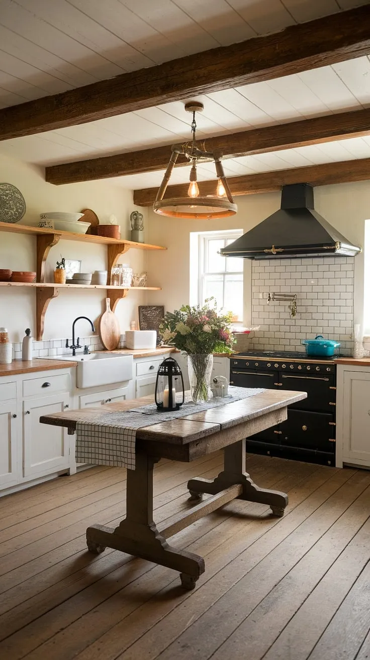 This vintage farmhouse kitchen is a testament to simple elegance. The rustic wooden beams, white cabinets, and black range hood create a stunning contrast, while the checkered tablecloth and flower-filled vase on the vintage wooden table add a touch of a heartwarming nostalgia. Every detail whispers stories of generations past.