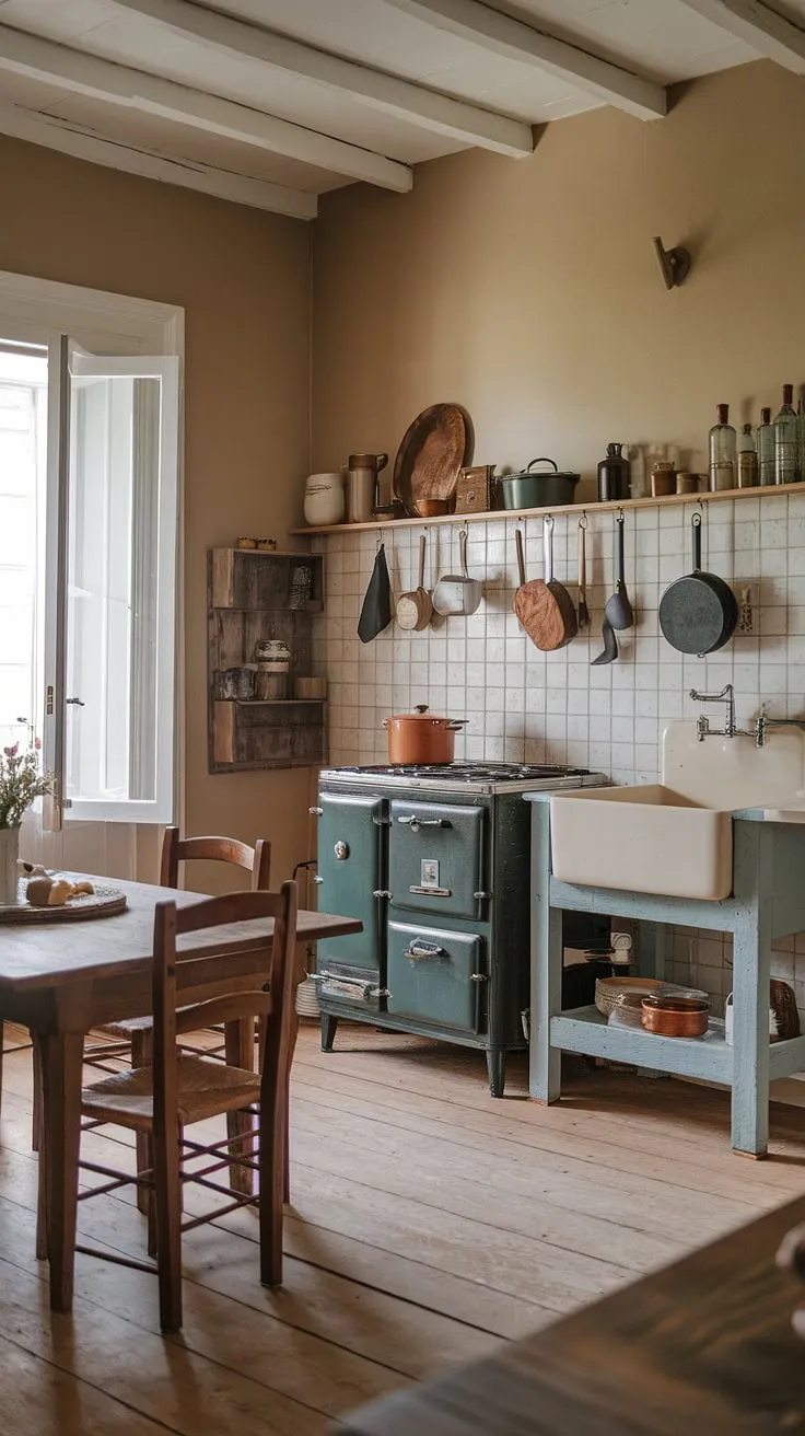 Step back in time in this charming vintage farmhouse kitchen. The rustic wooden table, antique oven, and thoughtfully arranged cookware create a space brimming with warmth and a nostalgic charm. Every detail whispers stories of generations past.