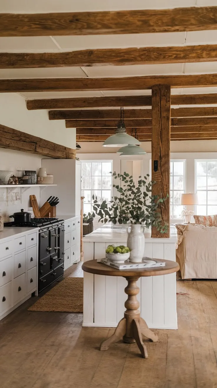 Rustic charm meets modern comfort in this vintage farmhouse kitchen. The aged wood beams and white cabinetry create a timeless elegance, while the black stove adds a touch of contemporary style. A simple wooden table, adorned with greenery, completes the inviting atmosphere, seamlessly connecting the kitchen to the cozy living area beyond. A perfect blend of old and new.