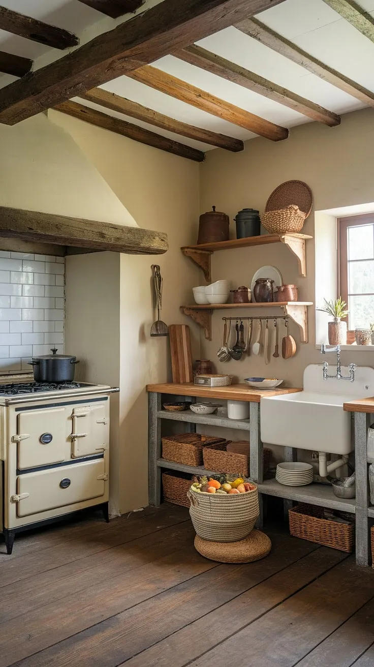 Step back in time in this charming farmhouse kitchen, where rustic wooden beams and a vintage stove whisper tales of generations past. The warmth of the aged wood, the simple elegance of the white sink, and the comforting clutter of copper pots and woven baskets create a space brimming with a cozy, lived-in character.